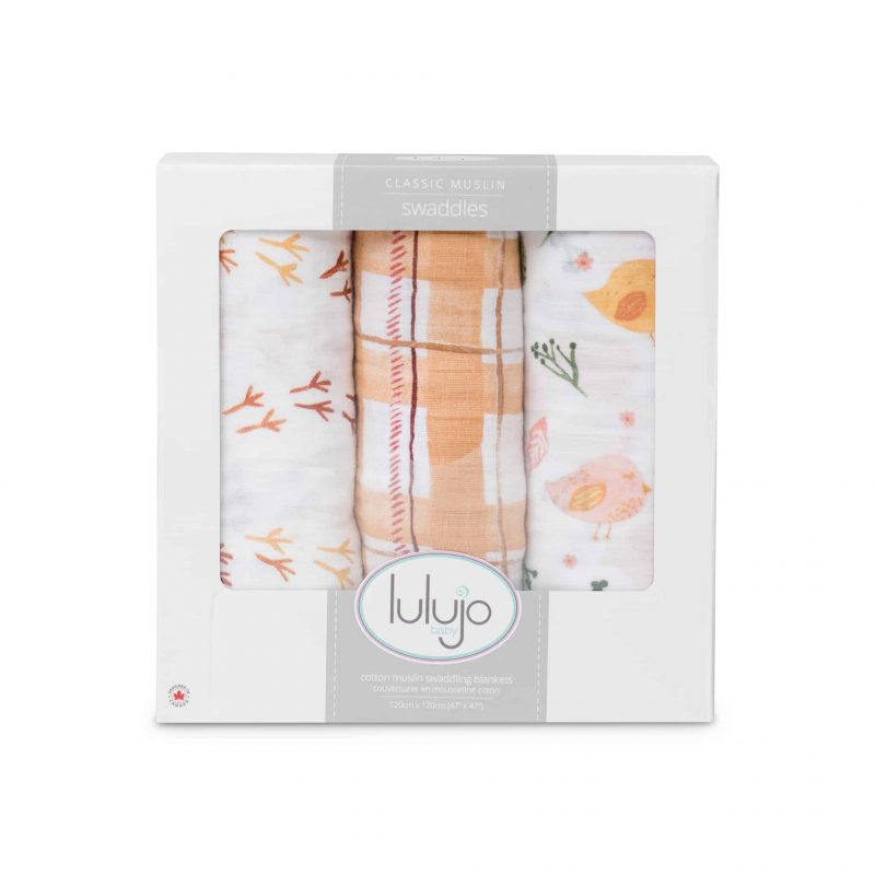 加拿大 Lulujo 棉紗包巾禮盒裝 - 米色小鳥 3件裝