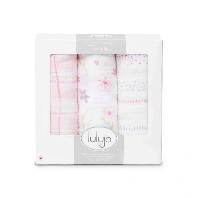 加拿大 Lulujo 棉紗包巾禮盒裝 - 粉紅花朵 3件裝